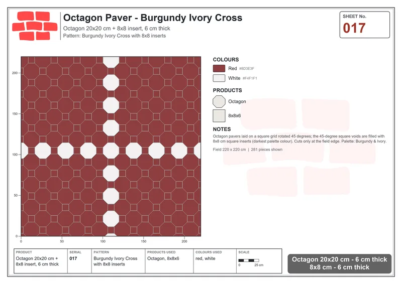 Interlock (Pasco) 20x20 cm · OCT-017 · Burgundy Ivory Cross with 8x8 inserts · Laying plan