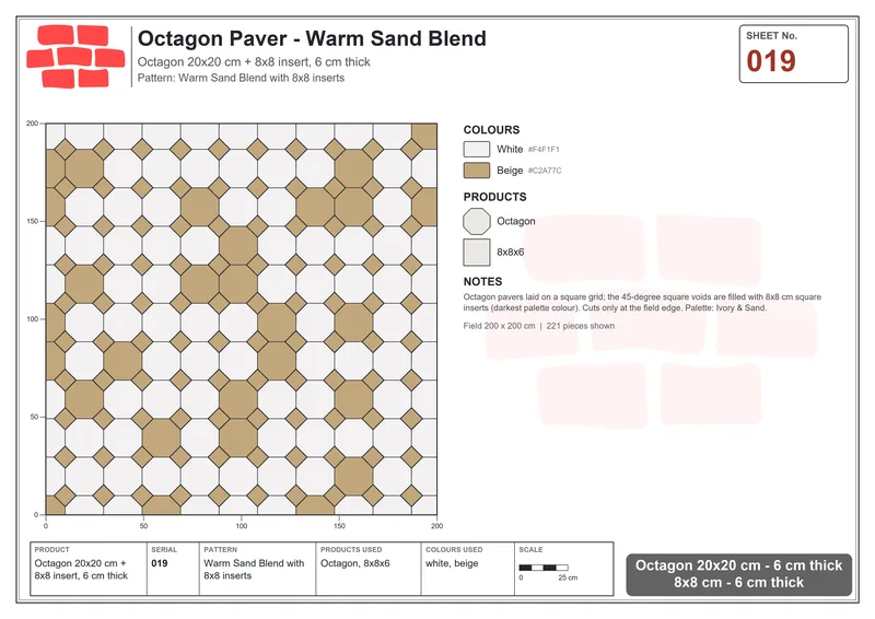 Interlock (Pasco) 20x20 cm · OCT-019 · Warm Sand Blend with 8x8 inserts · Laying plan