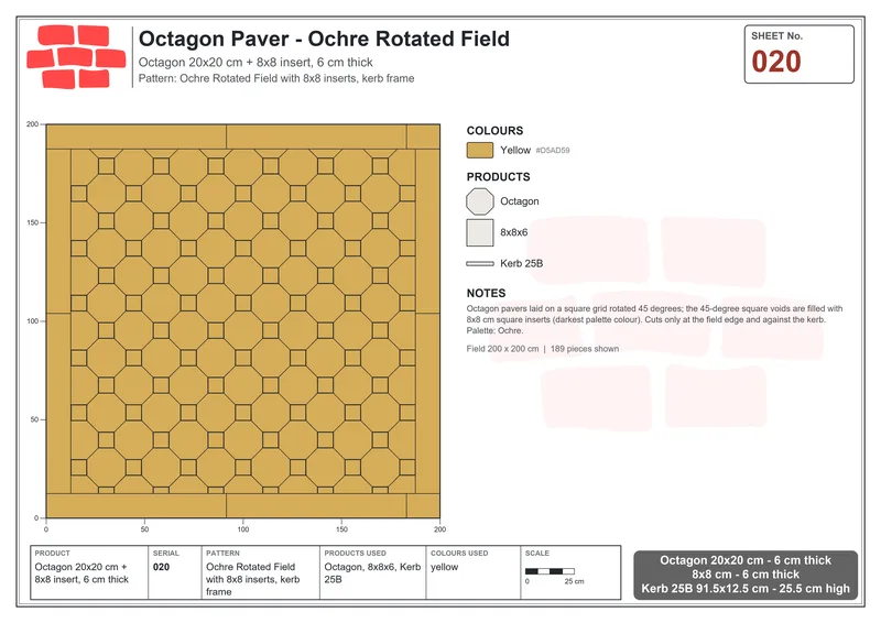 Interlock (Pasco) 20x20 cm · OCT-020 · Ochre Rotated Field with 8x8 inserts, kerb frame · Laying plan