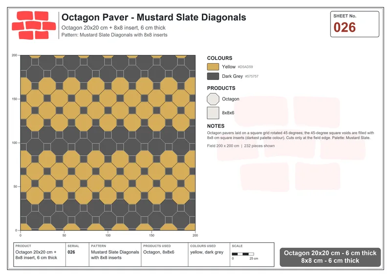 Interlock (Pasco) 20x20 cm · OCT-026 · Mustard Slate Diagonals with 8x8 inserts · Laying plan