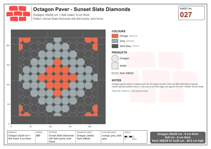 Interlock (Pasco) 20x20 cm · OCT-027 · Sunset Slate Diamonds with 8x8 inserts, kerb frame · Laying plan