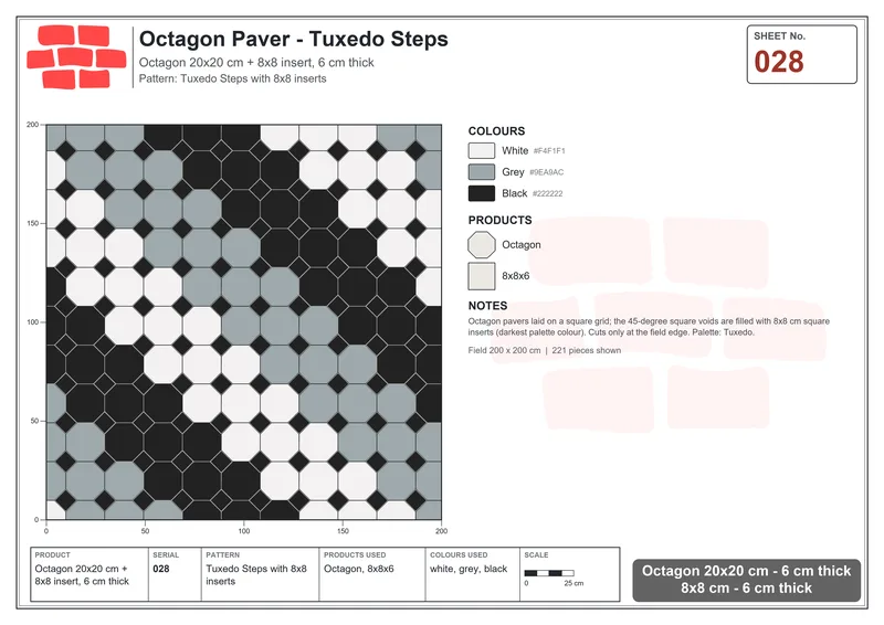 Interlock (Pasco) 20x20 cm · OCT-028 · Tuxedo Steps with 8x8 inserts · Laying plan