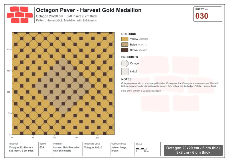 Interlock (Pasco) 20x20 cm · OCT-030 · Harvest Gold Medallion with 8x8 inserts · Laying plan