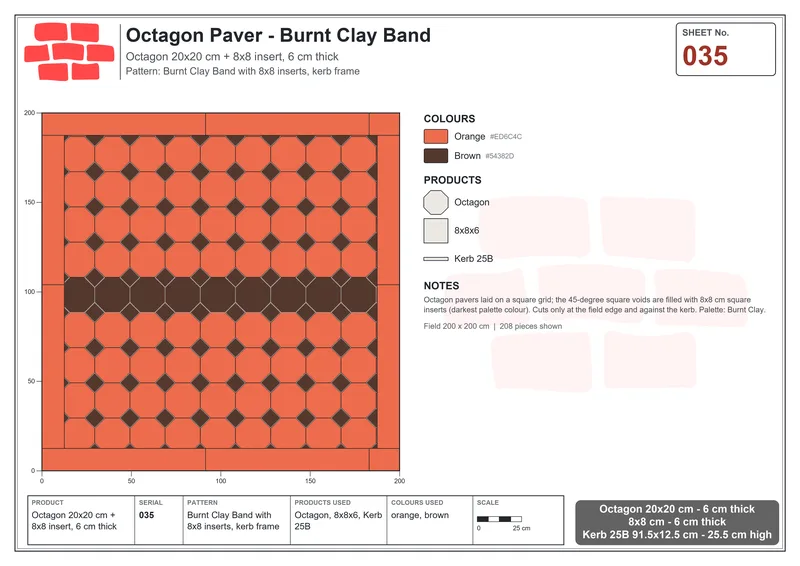 Interlock (Pasco) 20x20 cm · OCT-035 · Burnt Clay Band with 8x8 inserts, kerb frame · Laying plan