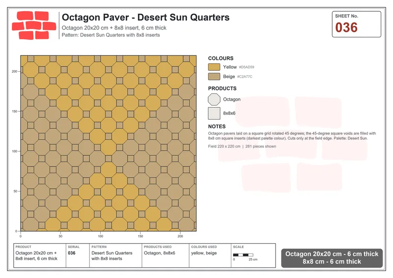 Interlock (Pasco) 20x20 cm · OCT-036 · Desert Sun Quarters with 8x8 inserts · Laying plan