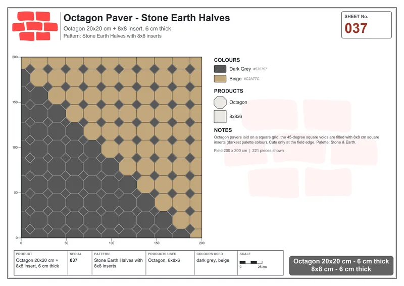 Interlock (Pasco) 20x20 cm · OCT-037 · Stone Earth Halves with 8x8 inserts · Laying plan