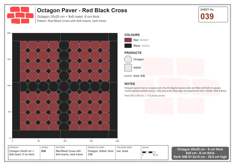 Interlock (Pasco) 20x20 cm · OCT-039 · Red Black Cross with 8x8 inserts, kerb frame · Laying plan