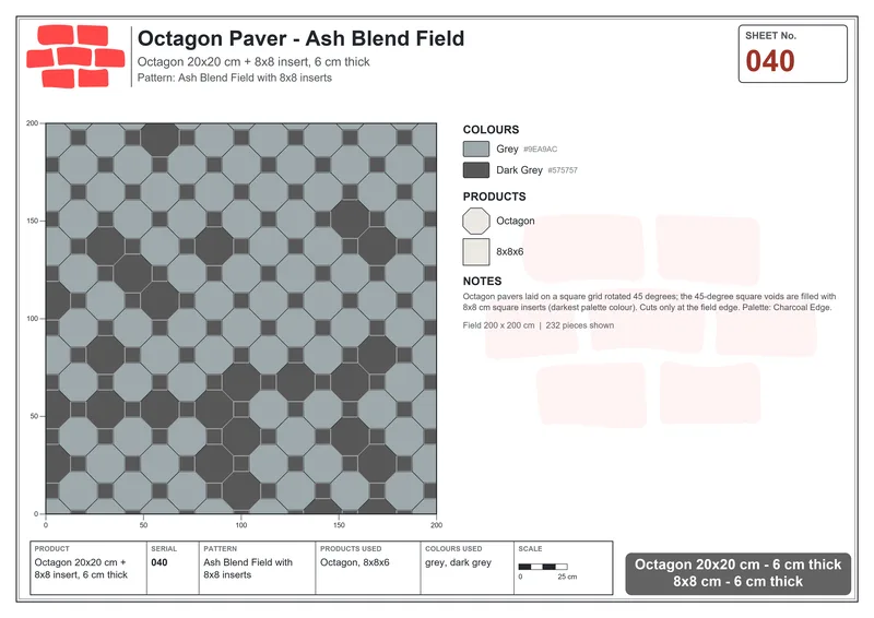 Interlock (Pasco) 20x20 cm · OCT-040 · Ash Blend Field with 8x8 inserts · Laying plan