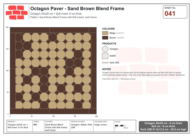 Interlock (Pasco) 20x20 cm · OCT-041 · Sand Brown Blend Frame with 8x8 inserts, kerb frame · Laying plan