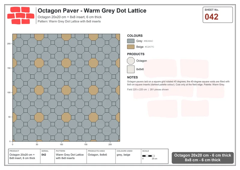 Interlock (Pasco) 20x20 cm · OCT-042 · Warm Grey Dot Lattice with 8x8 inserts · Laying plan
