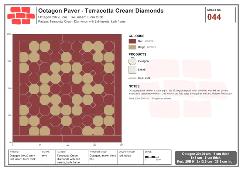 Interlock (Pasco) 20x20 cm · OCT-044 · Terracotta Cream Diamonds with 8x8 inserts, kerb frame · Laying plan