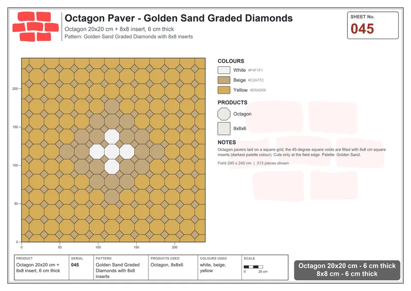 Interlock (Pasco) 20x20 cm · OCT-045 · Golden Sand Graded Diamonds with 8x8 inserts · Laying plan