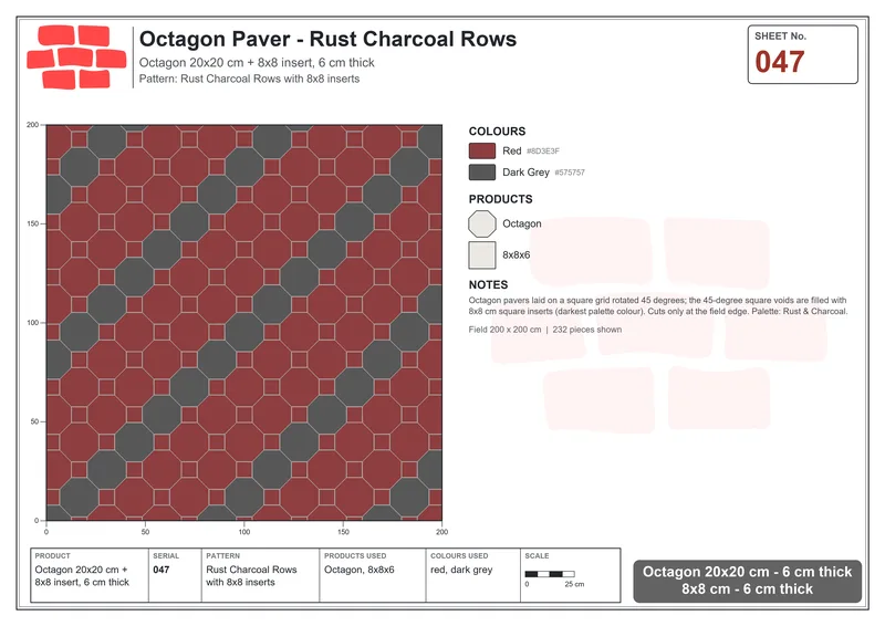 Interlock (Pasco) 20x20 cm · OCT-047 · Rust Charcoal Rows with 8x8 inserts · Laying plan