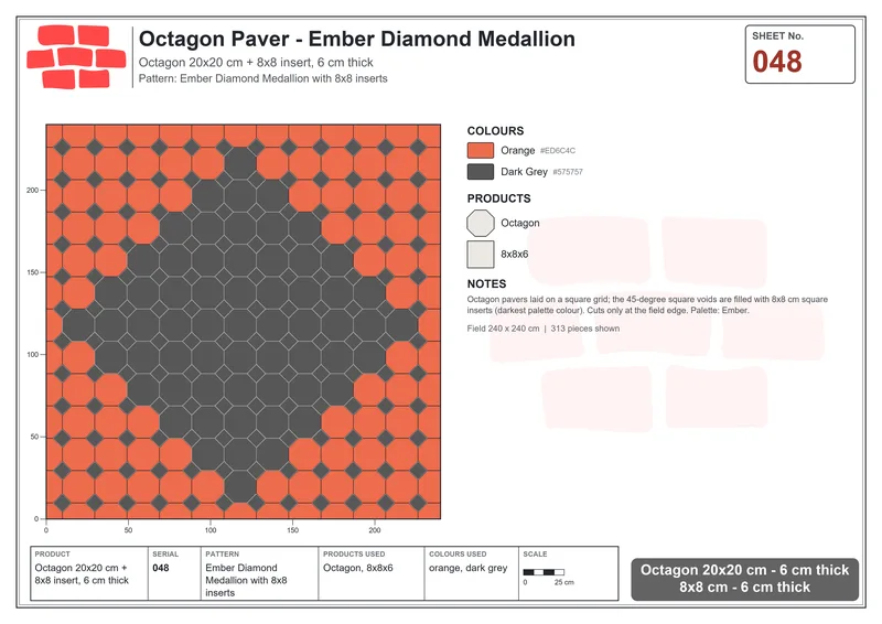 Interlock (Pasco) 20x20 cm · OCT-048 · Ember Diamond Medallion with 8x8 inserts · Laying plan