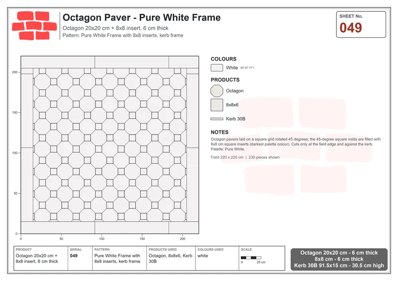 Interlock (Pasco) 20x20 cm · OCT-049 · Pure White Frame with 8x8 inserts, kerb frame · Laying plan