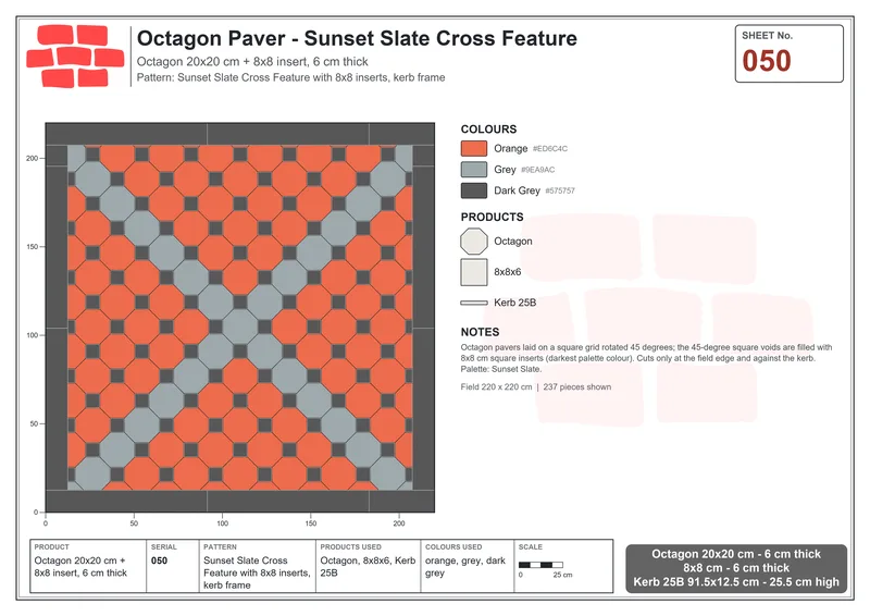 Interlock (Pasco) 20x20 cm · OCT-050 · Sunset Slate Cross Feature with 8x8 inserts, kerb frame · Laying plan