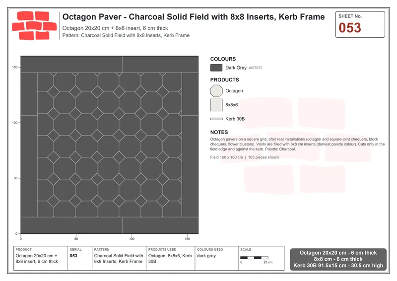 Interlock (Pasco) 20x20 cm · OCT-053 · Charcoal Solid Field with 8x8 Inserts, Kerb Frame · Laying plan