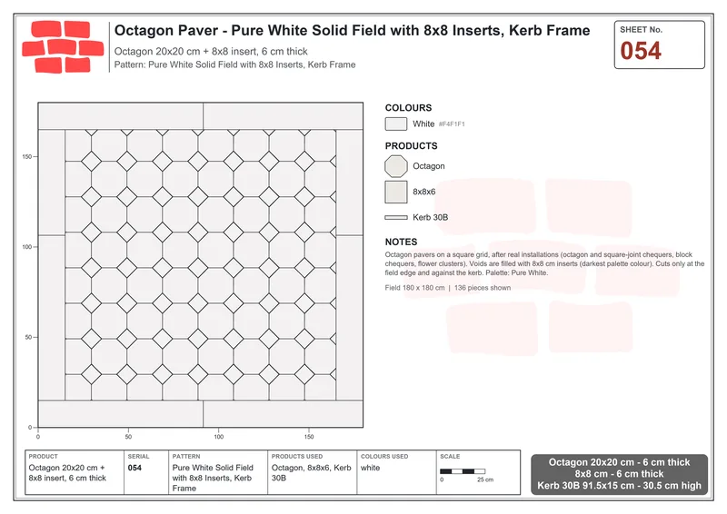 Interlock (Pasco) 20x20 cm · OCT-054 · Pure White Solid Field with 8x8 Inserts, Kerb Frame · Laying plan