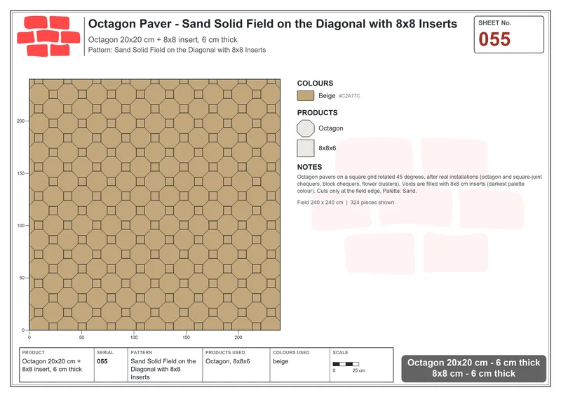 Interlock (Pasco) 20x20 cm · OCT-055 · Sand Solid Field on the Diagonal with 8x8 Inserts · Laying plan