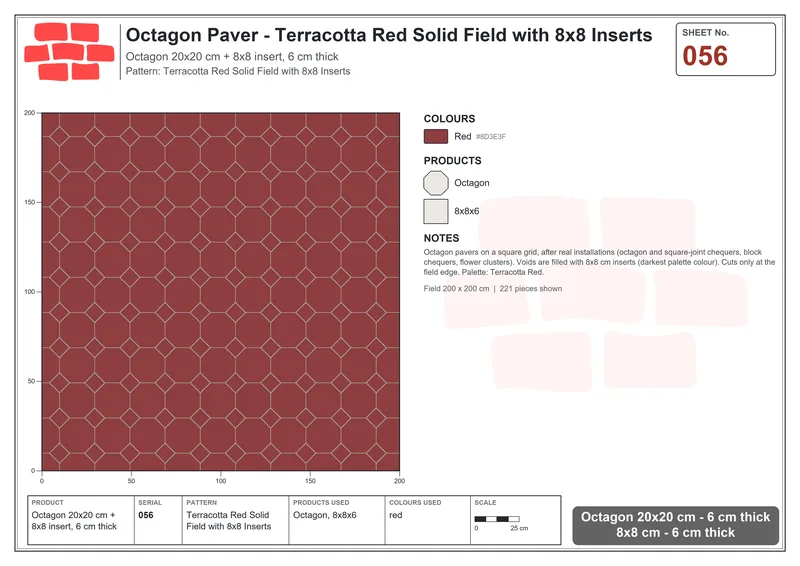 Interlock (Pasco) 20x20 cm · OCT-056 · Terracotta Red Solid Field with 8x8 Inserts · Laying plan