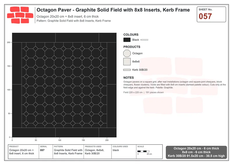 Interlock (Pasco) 20x20 cm · OCT-057 · Graphite Solid Field with 8x8 Inserts, Kerb Frame · Laying plan
