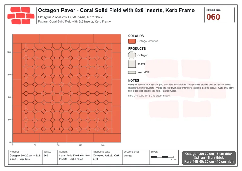 Interlock (Pasco) 20x20 cm · OCT-060 · Coral Solid Field with 8x8 Inserts, Kerb Frame · Laying plan