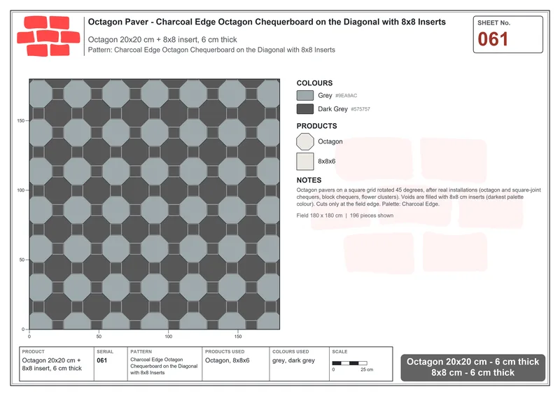 Interlock (Pasco) 20x20 cm · OCT-061 · Charcoal Edge Octagon Chequerboard on the Diagonal with 8x8 Inserts · Laying plan