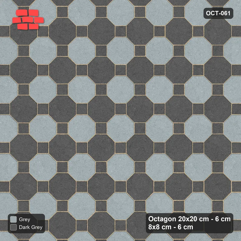 Interlock (Pasco) 20x20 cm · OCT-061 · Charcoal Edge Octagon Chequerboard on the Diagonal with 8x8 Inserts · Top view Interlock (Pasco) 20x20 cm · OCT-061 · Charcoal Edge Octagon Chequerboard on the Diagonal with 8x8 Inserts · Top view