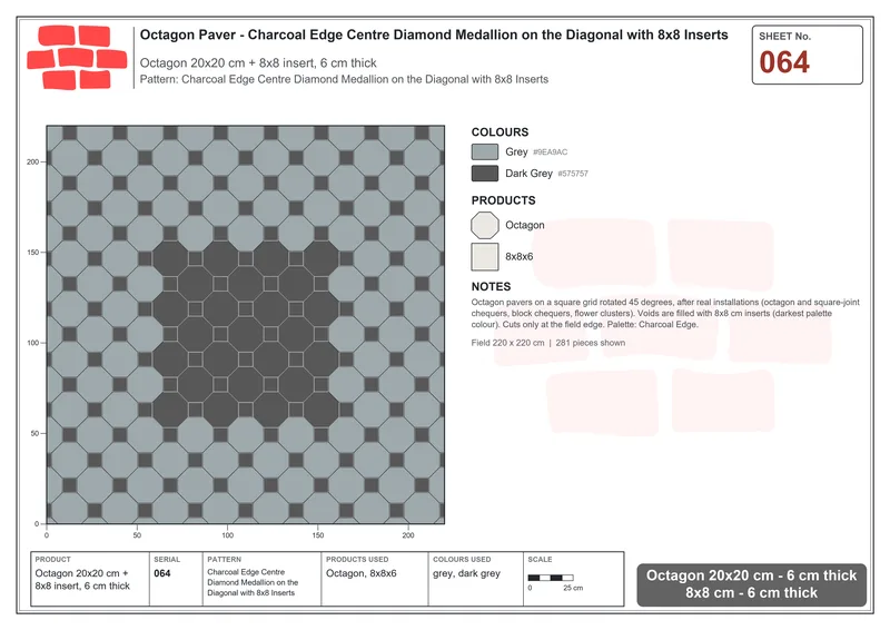 Interlock (Pasco) 20x20 cm · OCT-064 · Charcoal Edge Centre Diamond Medallion on the Diagonal with 8x8 Inserts · Laying plan