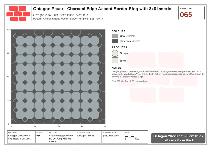 Interlock (Pasco) 20x20 cm · OCT-065 · Charcoal Edge Accent Border Ring with 8x8 Inserts · Laying plan