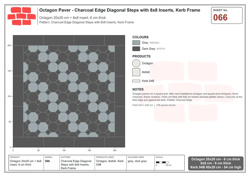 Interlock (Pasco) 20x20 cm · OCT-066 · Charcoal Edge Diagonal Steps with 8x8 Inserts, Kerb Frame · Laying plan