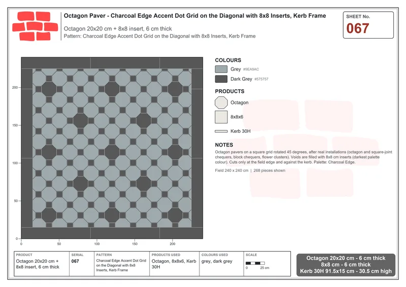 Interlock (Pasco) 20x20 cm · OCT-067 · Charcoal Edge Accent Dot Grid on the Diagonal with 8x8 Inserts, Kerb Frame · Laying plan