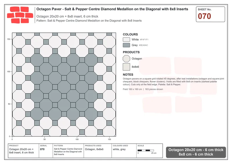 Interlock (Pasco) 20x20 cm · OCT-070 · Salt & Pepper Centre Diamond Medallion on the Diagonal with 8x8 Inserts · Laying plan