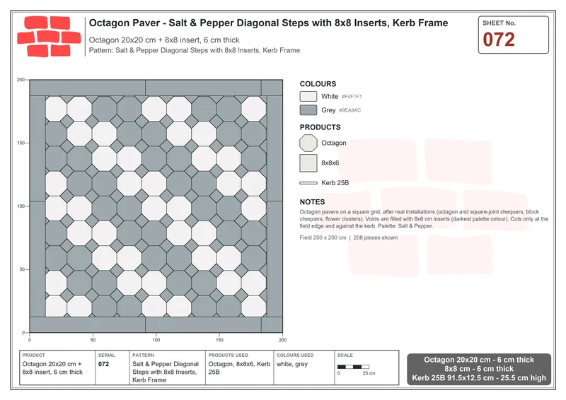 Interlock (Pasco) 20x20 cm · OCT-072 · Salt & Pepper Diagonal Steps with 8x8 Inserts, Kerb Frame · Laying plan