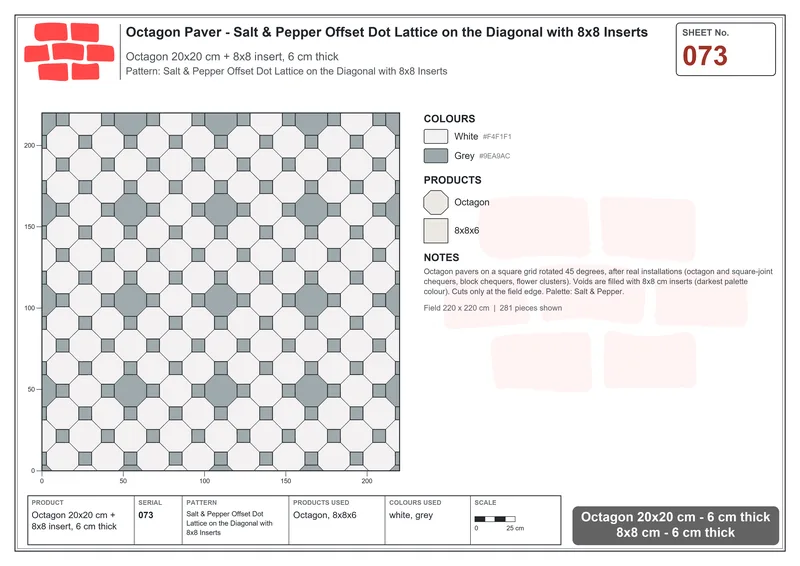 Interlock (Pasco) 20x20 cm · OCT-073 · Salt & Pepper Offset Dot Lattice on the Diagonal with 8x8 Inserts · Laying plan