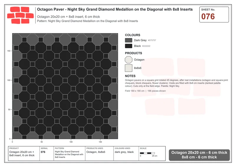 Interlock (Pasco) 20x20 cm · OCT-076 · Night Sky Grand Diamond Medallion on the Diagonal with 8x8 Inserts · Laying plan