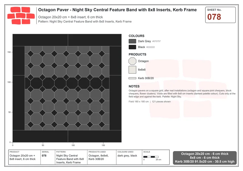 Interlock (Pasco) 20x20 cm · OCT-078 · Night Sky Central Feature Band with 8x8 Inserts, Kerb Frame · Laying plan