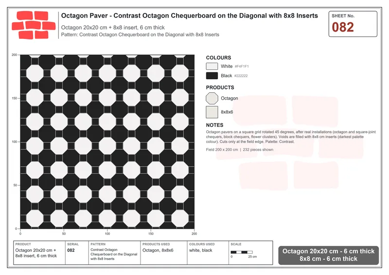 Interlock (Pasco) 20x20 cm · OCT-082 · Contrast Octagon Chequerboard on the Diagonal with 8x8 Inserts · Laying plan