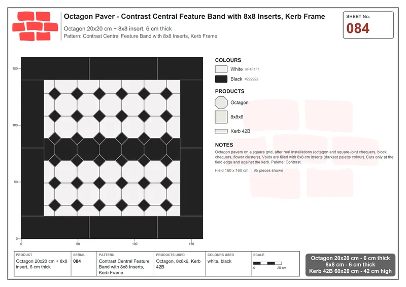 Interlock (Pasco) 20x20 cm · OCT-084 · Contrast Central Feature Band with 8x8 Inserts, Kerb Frame · Laying plan