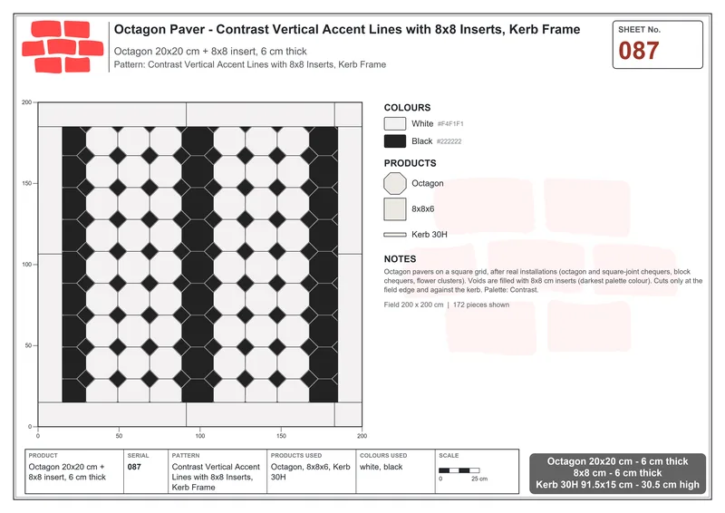 Interlock (Pasco) 20x20 cm · OCT-087 · Contrast Vertical Accent Lines with 8x8 Inserts, Kerb Frame · Laying plan