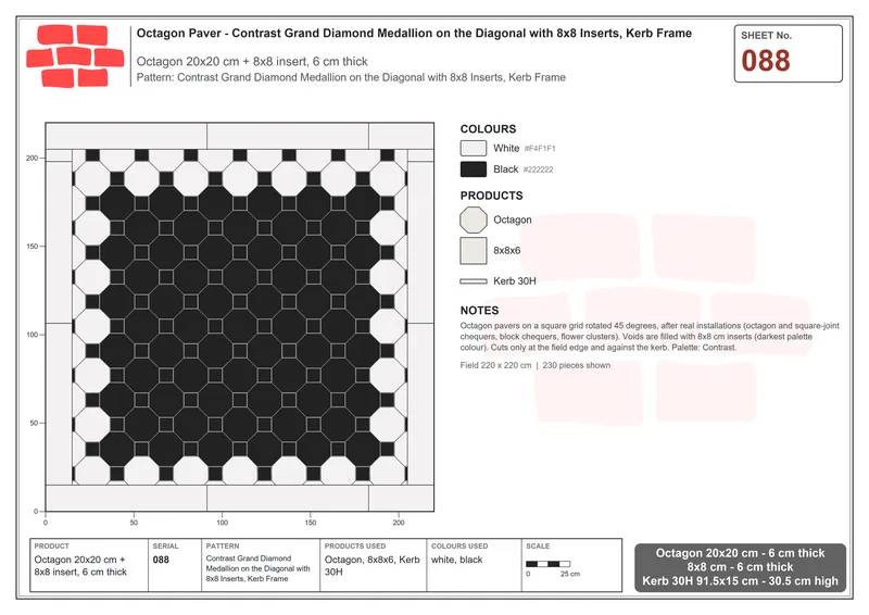 Interlock (Pasco) 20x20 cm · OCT-088 · Contrast Grand Diamond Medallion on the Diagonal with 8x8 Inserts, Kerb Frame · Laying plan