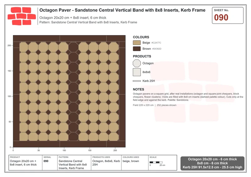 Interlock (Pasco) 20x20 cm · OCT-090 · Sandstone Central Vertical Band with 8x8 Inserts, Kerb Frame · Laying plan