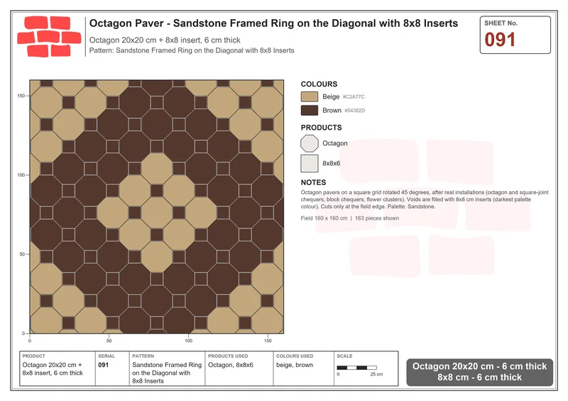 Interlock (Pasco) 20x20 cm · OCT-091 · Sandstone Framed Ring on the Diagonal with 8x8 Inserts · Laying plan