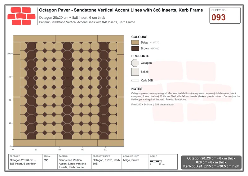 Interlock (Pasco) 20x20 cm · OCT-093 · Sandstone Vertical Accent Lines with 8x8 Inserts, Kerb Frame · Laying plan