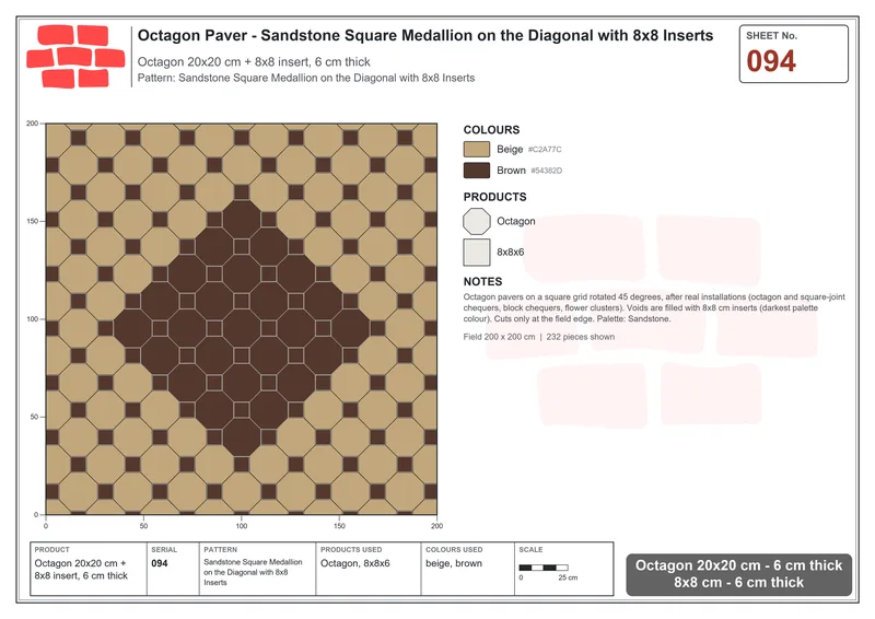 Interlock (Pasco) 20x20 cm · OCT-094 · Sandstone Square Medallion on the Diagonal with 8x8 Inserts · Laying plan
