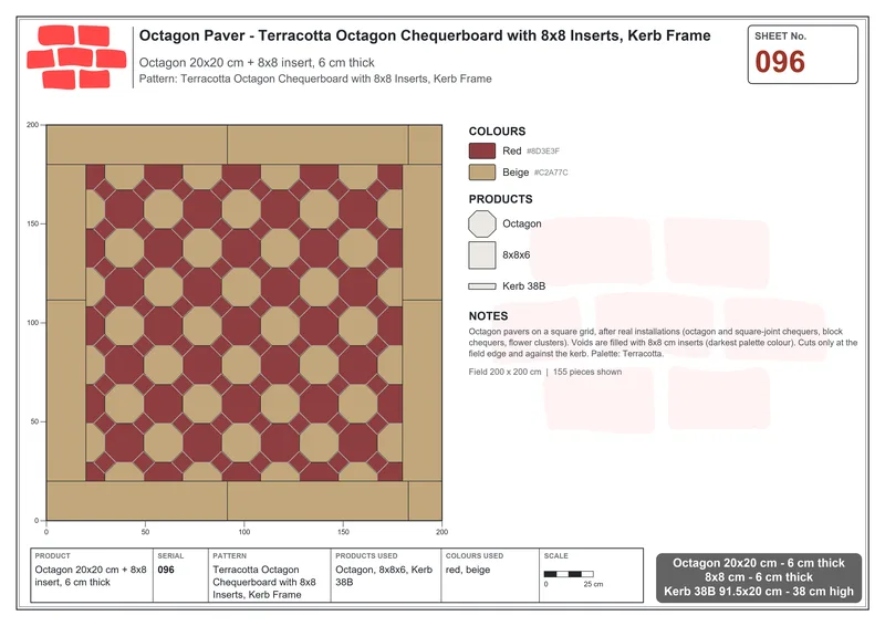 Interlock (Pasco) 20x20 cm · OCT-096 · Terracotta Octagon Chequerboard with 8x8 Inserts, Kerb Frame · Laying plan