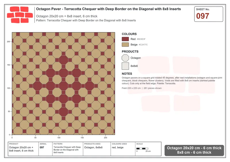 Interlock (Pasco) 20x20 cm · OCT-097 · Terracotta Chequer with Deep Border on the Diagonal with 8x8 Inserts · Laying plan