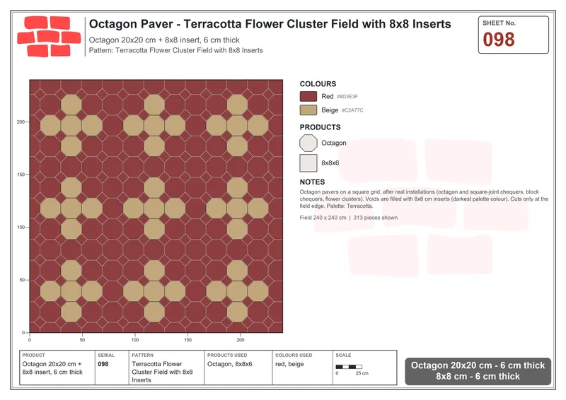 Interlock (Pasco) 20x20 cm · OCT-098 · Terracotta Flower Cluster Field with 8x8 Inserts · Laying plan