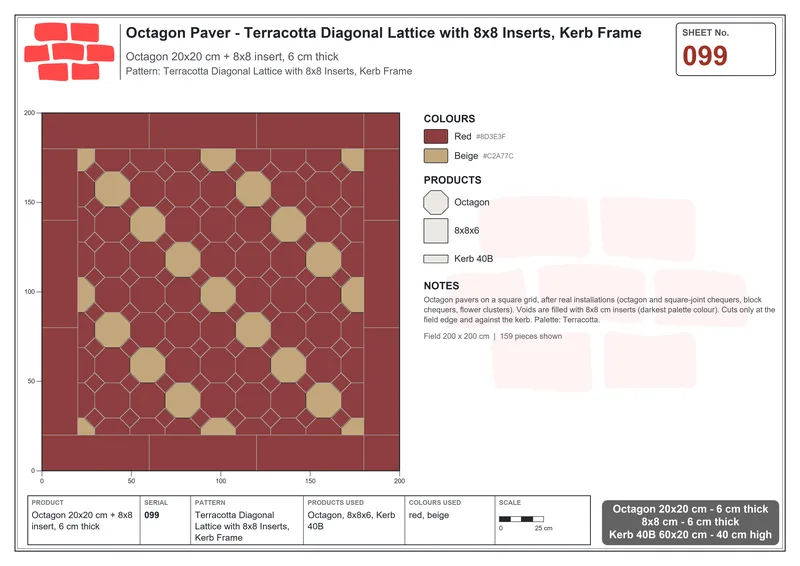 Interlock (Pasco) 20x20 cm · OCT-099 · Terracotta Diagonal Lattice with 8x8 Inserts, Kerb Frame · Laying plan