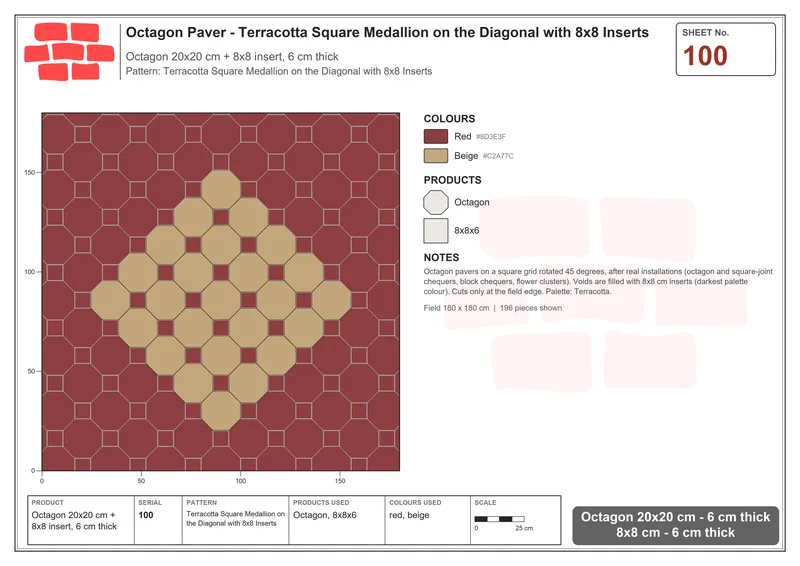 Interlock (Pasco) 20x20 cm · OCT-100 · Terracotta Square Medallion on the Diagonal with 8x8 Inserts · Laying plan